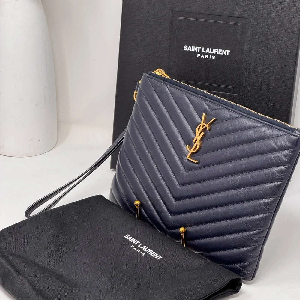 💯Authentic YSL Navy Blue Cassandra Chevron  Wristlet - Picture 4 of 12
